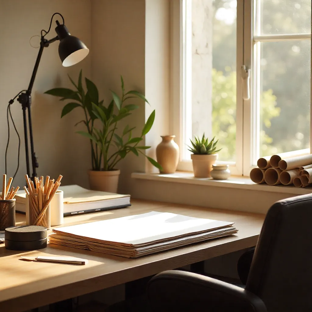 Studio workspace with organized storage tubes