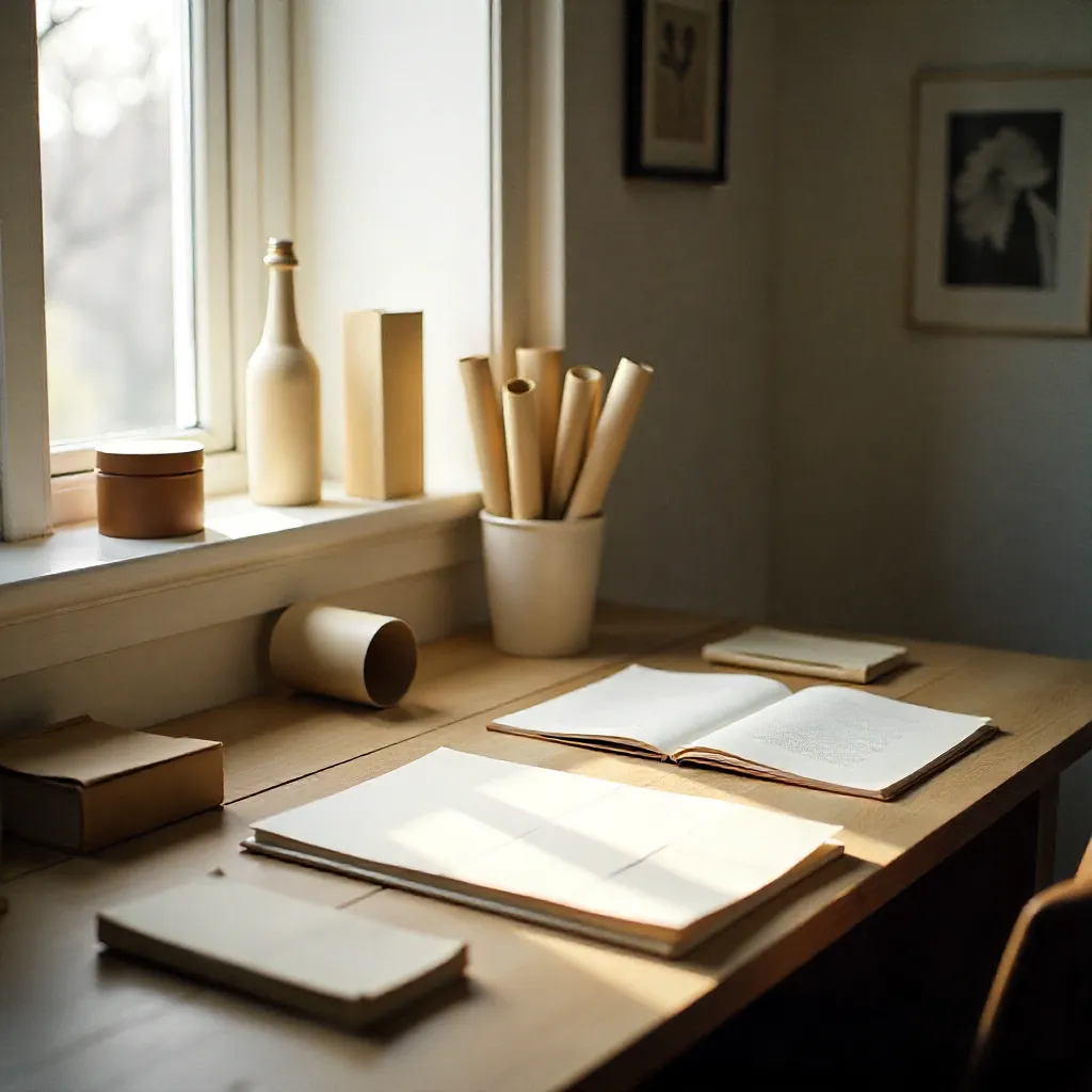 Stacked storage tubes in studio corner